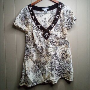 Nine West Blouse 16W 16 Short Sleeve Beading Silk Brown Tan